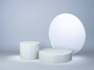 Çalışma yolu ile ürün gösterimi için minimum gri renk podyumunun 3B illüstrasyonu 