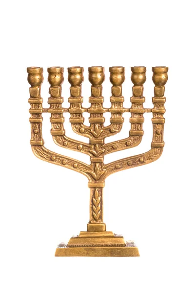 Hanukkah烛台隔离在白色。白色背景上的仪式蜡烛薄荷叶。弥陀罗是犹太教的象征. — 图库照片