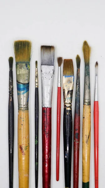 Vertical Shot Group Wooden Artists Paint Brushes Different Shapes Sizes — Stock Photo, Image