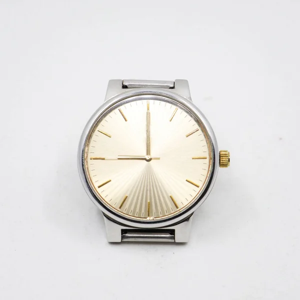 Een Zilveren Roestvrij Stalen Analoog Horloge Met Een Ronde Gouden — Stockfoto