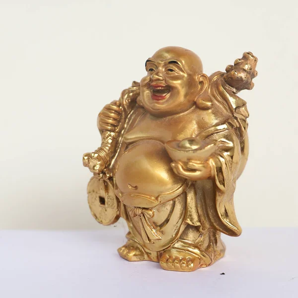 Golden Laughing Buddha Statue Isolated White Background Stock Picture