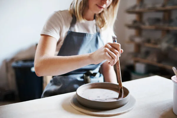 Cropped Shot Attractive Young Female Artisan Working Her Pottery Workshop — Stock Photo, Image