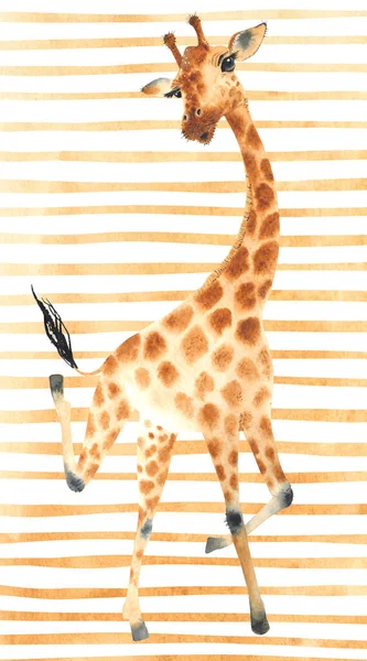 Poster Dansing Giraffe Watercolor Giraffe Animal Illustration Striped Background — Stock Photo, Image