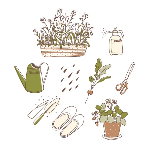 Gardening Set Vector Illustration Line Art Forget Nots Spray Bottle — Stock Photo, Image