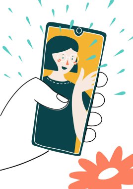 Ekranda kız arkadaşı olan bir erkek akıllı telefon tutuyor. Sevdiğinle görüntülü konuşma. Parmak dokunuşu ekranı. Web siteleri ve pankart tasarımı için vektör illüstrasyonu