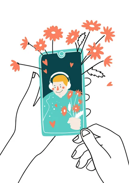 Kvinnlig Hand Håller Smartphone Med Pojkvän Skärmen Videosamtal Med Nära — Stock vektor
