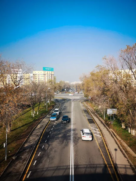 ALMATY, KAZAKHSTAN - NOVEMBER 8, 2019: Top view to Dulaty street and the First Presidents Park, Almaty, Kazakhstan — Stock Photo, Image