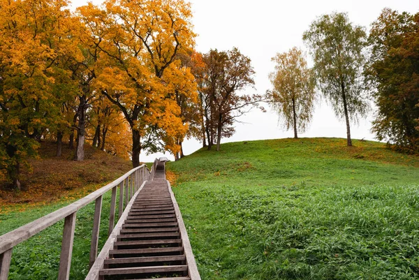 Paisaje Otoñal Escaleras Madera Suben Una Colina Cerca Ciudad Dubingiai — Foto de Stock