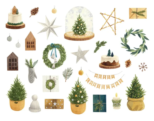 Großes Weihnachtsset Aquarell Vorhanden Skandinavische Winterelemente Und Hygge Konzeptdesign Set — Stockfoto