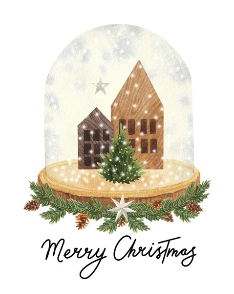 Aquarell Weihnachtspostkarte Mit Schneeballkugel Winterzauber Schneebedeckte Holzhäuser Und Ein Weihnachtsbaum — Stockfoto