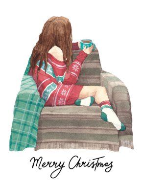Sihirli zamanı bekliyorum. Elinde kupayla rahat bir sandalyede oturan genç bir kız. Kırmızı Noel kazaklı, İskandinav çizimli tatlı kız. Sihirli bir Noel bekliyor. Suluboya Yeni Yıl ve Noel.