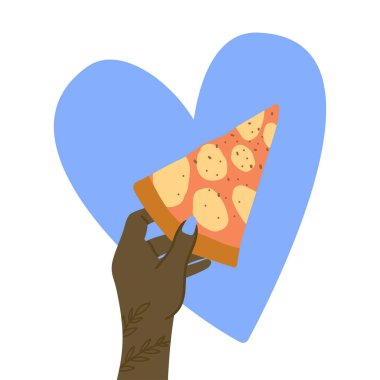 Koyu tenli el mavi kalbe karşı bir dilim pizza tutuyor. Beyaz arka planda izole edilmiş. El ele tutuşma fast food. Sağlıksız yaşam tarzı alışkanlıkları, obezite ve kötü sağlık konsepti. Elle çizilmiş biçim.