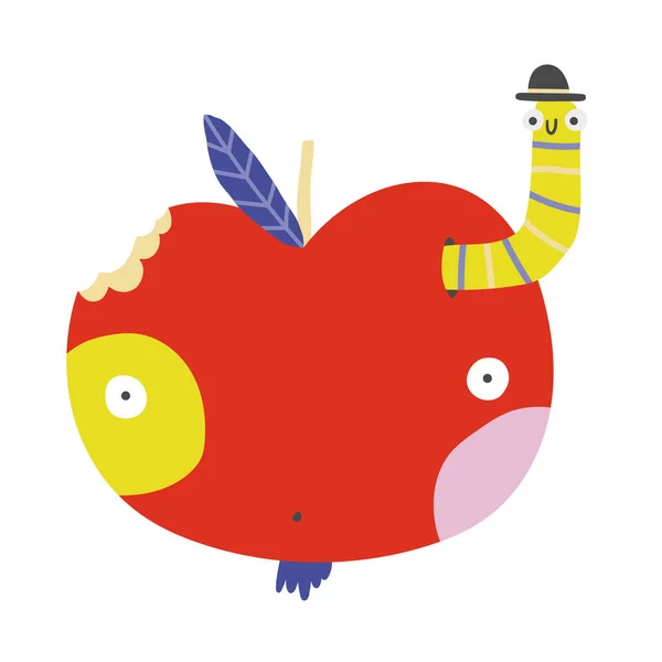 卡通苹果和蠕虫 帽子里的可爱的黄虫从一个红苹果里钻出来 嘴甜嘴甜令人惊讶的卡通苹果与咬 儿童平面矢量图解 — 图库矢量图片