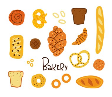 Farklı türlerde, şekillerde ve boyutlarda ekmek ve ev yapımı pişirilmiş ürünler: somun, çörek, Fransız ekmeği, kruvasan, tost, simit, simit. Farklı karikatür tarzı pasta ikonları, fırın elementlerinin vektör kümesi. Ekmek seti.