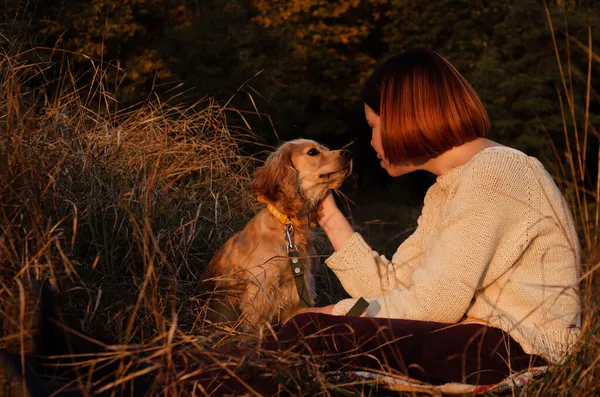 Женщина с короткими рыжими волосами сидит на земле в высокой сухой траве во время заката, глядя на английского кокер-спаниеля собака. — стоковое фото
