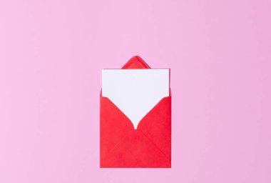 Red envelope with greeting square card mockup invitation on pink background banner. St Valentine, Mothers Day. 