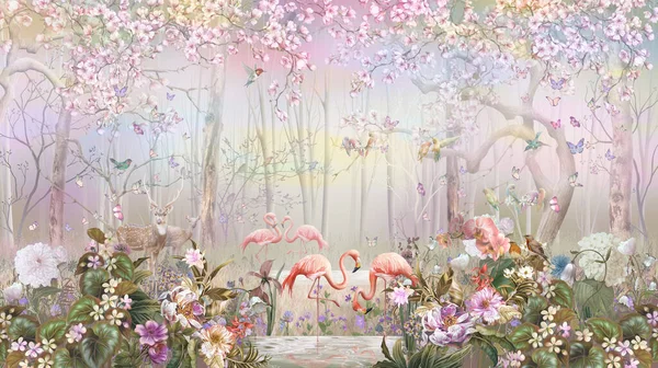 Fleur Jardin Flamant Rose Printemps Papier Peint Mural — Photo