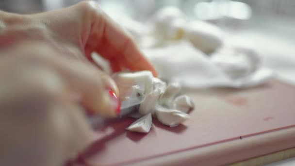 Close-up pada memotong papan halus cincang jamur champignon. Tangan wanita memotong jamur-jamur. Wanita muda kulit putih memasak — Stok Video