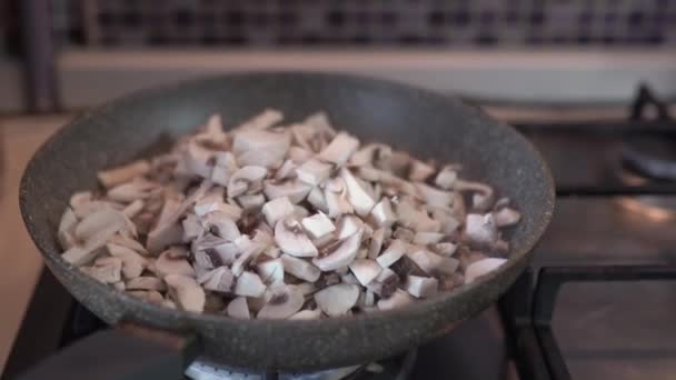 Kousky hub se smaží na pánvi. Nakrájené žampiony, smažené na oleji — Stock video