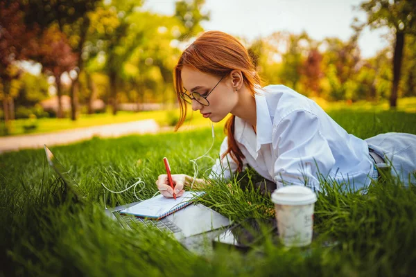 Жінка готується до іспитів з використанням ноутбука робить нотатки, що лежать на траві. Концепція освіти — стокове фото