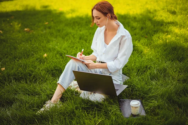 Фрілансер дівчина сидить на траві в парку використовує ноутбук для роботи робить нотатки. зовнішній офіс — стокове фото