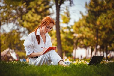 Güzel kız laptopla çalışır ve çalışır, blogcu, notlar alır, açık hava eğitimi alır.