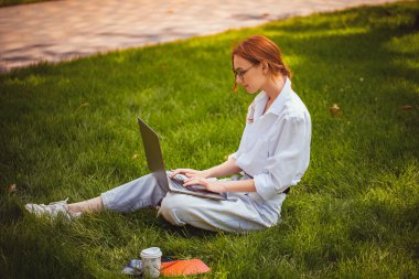 Güzel kız çimde otururken dizüstü bilgisayarla, blogla, uzaktan eğitimle çalışıyor.