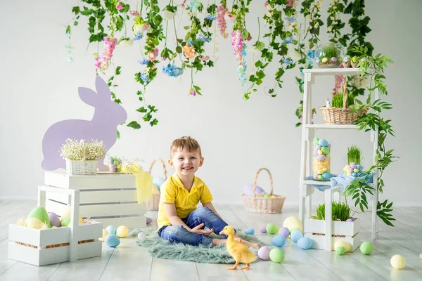 Happy little boy sits on wooden floor with little duckling in Easter decoration. Easter for children — Zdjęcie stockowe