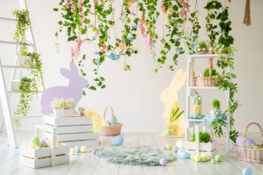 Çocuklar ve aile fotoğrafları için Paskalya tasarımı olan fotoğraf stüdyosu için arka plan. Mutlu Paskalyalar 