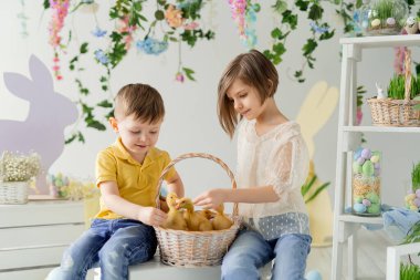 Mutlu çocuklar, tahta kutunun üzerinde otururken ördek yavrularıyla sepetin içinde iletişim kuruyor. Paskalya dekorasyonu