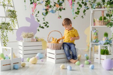  Çocuk, tahta kutunun üzerinde otururken ördek yavrularıyla sepetin içinde iletişim kuruyor. Paskalya dekorasyonu