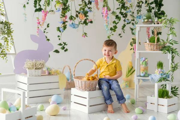 Happy Little boy sits near the basket with fluffy ducklings on the wooden box. Easter decoration. — Zdjęcie stockowe