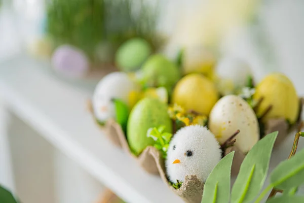 Flower composition with easter colorful dyed eggs, happy easter. Easter composition. — Stock Photo, Image