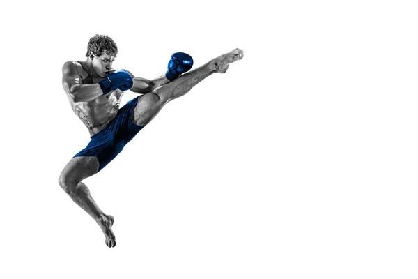 Black and white athlete boxer in jump in blue gloves isolated on white background. Sport concept — Stock Photo, Image