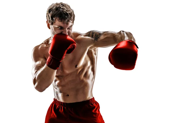 Retrato de boxeador muscular que treinando e praticando gancho esquerdo em luvas vermelhas no fundo branco. — Fotografia de Stock