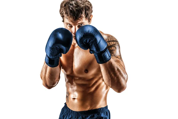 파란 장갑을 끼고 하얀 배경에 서 있는 근육질의 권투 선수의 모습. 스포츠의 개념 — 스톡 사진