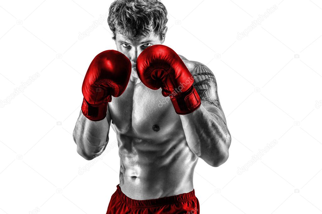 Portrait of boxer in red gloves who stands on white background. Black and white silhouette 