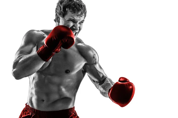 Boxeador de medio cuerpo que practica gancho izquierdo con guantes rojos sobre fondo blanco. Torso blanco y negro — Foto de Stock