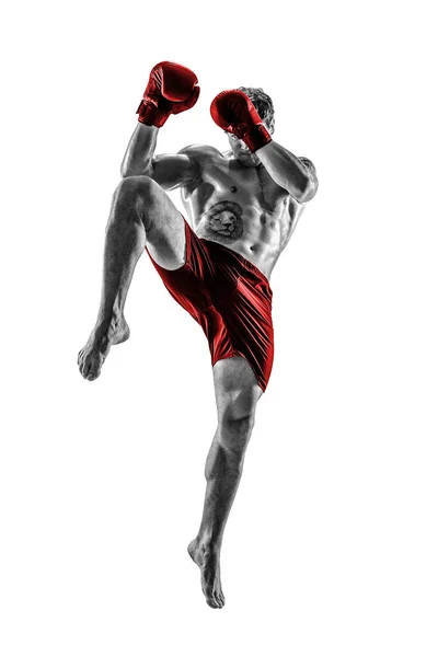 Full size of male kickboxer in red gloves on white background. Black and white silhouette. — Stock Photo, Image