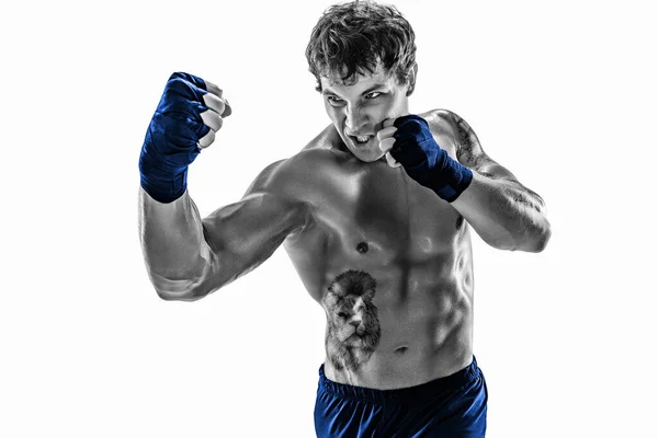 Portret van silhouet bokser die trainen, oefenen uppercut op witte achtergrond. Blauwe sportkleding — Stockfoto