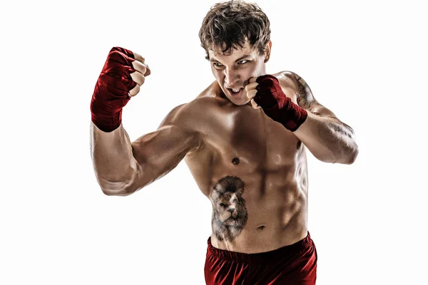 Портрет агрессивного боксера, который тренируется, практикует апперкот на белом фоне. Красная спортивная одежда — стоковое фото