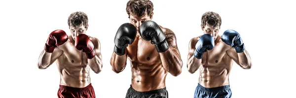 Kreativ collage av muskulös man boxare som tränar isolerad över vit bakgrund. Idrottsbegreppet — Stockfoto