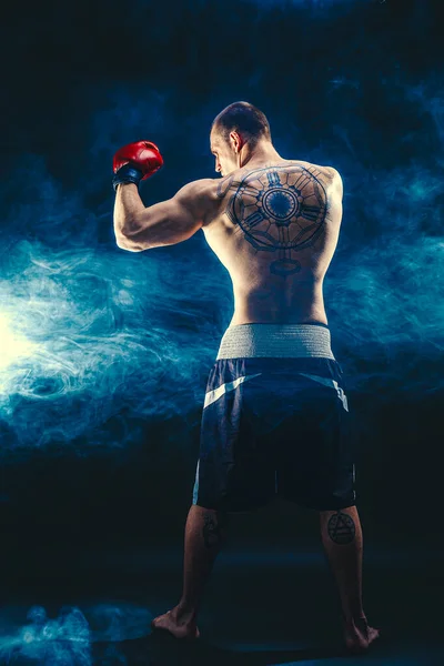 Обратный вид спортсмена мускулистый боксер, который борется на черном фоне дыма. Концепция бокса — стоковое фото