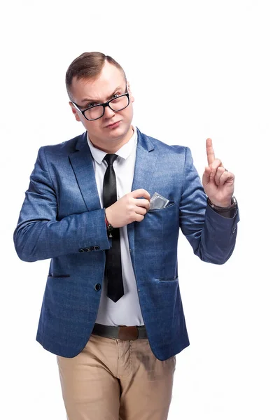 Young Guy Jacket Bow Tie Glasses Holds Condom His Hand — Stock Photo, Image