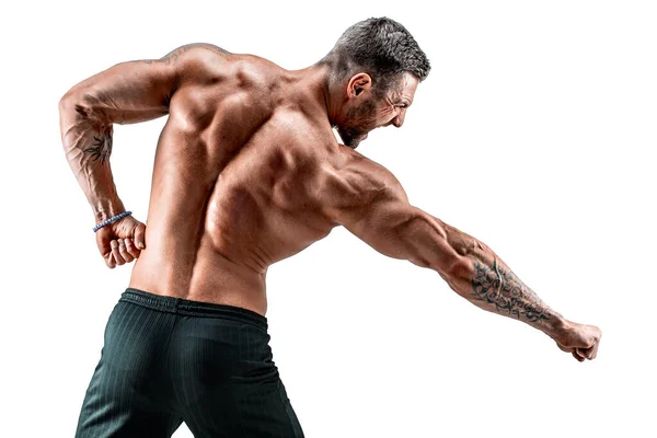 Starkes Athletisches Fitnessmodel Das Rückenmuskeln Posiert Trizeps Über Weißem Hintergrund — Stockfoto