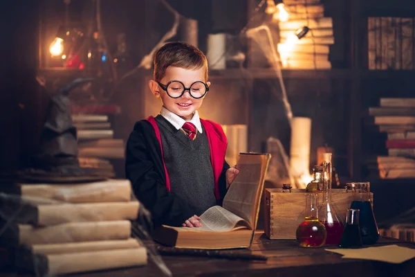 Small smiling wizard reads magic book Cosplay. Halloween holiday. Halloween costume party. Decorate studio background