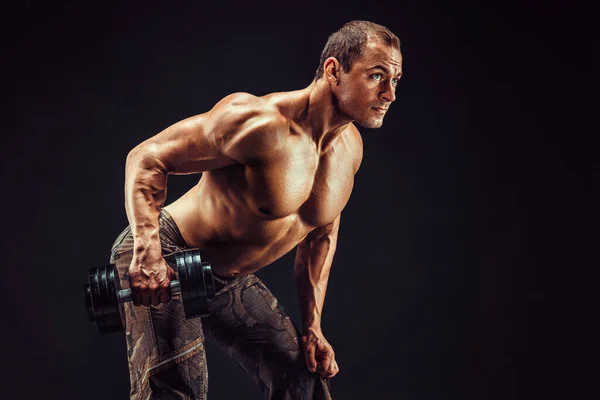 Powerful Man Doing Exercises Dumbbells Photo Young Man Good Physique — Stock Photo, Image