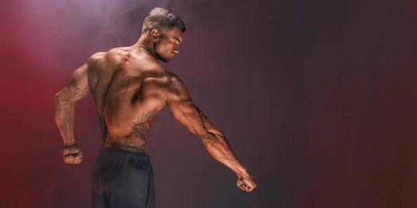 煙で満たされた暗い背景にポーズをとる素肌の筋肉質の胴を持つハンサムな自信のある運動選手のバックビュー 男性の美の概念 フィットネス ボディービル — ストック写真
