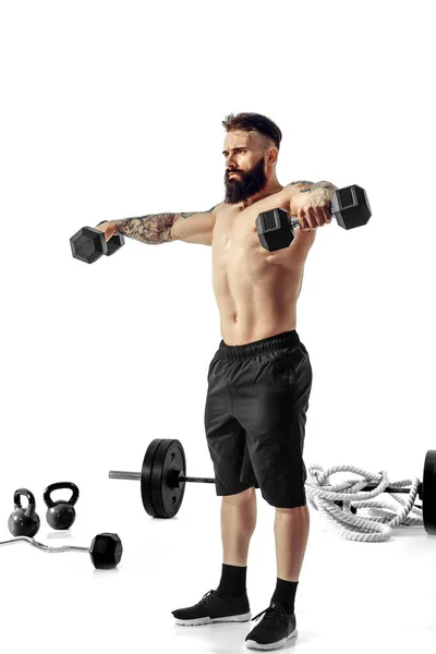 Muscular Bodybuilder Guy Doing Exercises Dumbbells White Background High Quality — Stockfoto