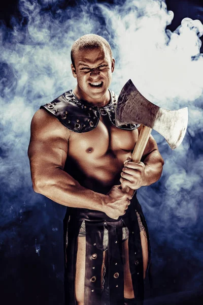 Studio Shot Muscular Ancient Warrior Man Posing Axe — Stock Photo, Image